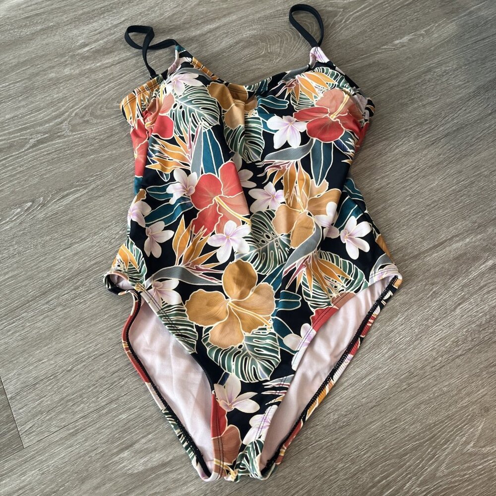 Hurley Size L Swimsuit Black Hibiscus Floral One Piece Hawaiian Cruise Island